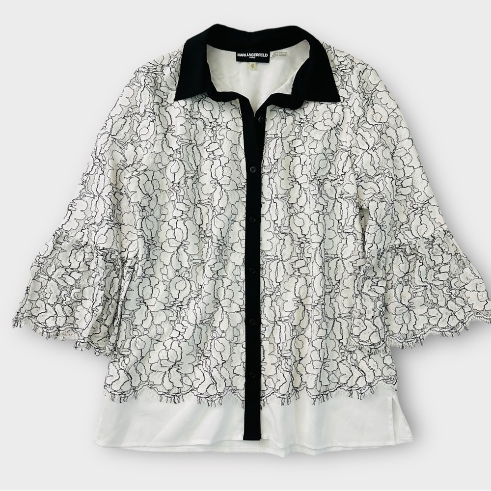 Karl Lagerfeld Floral‎ Lace Bell Sleeve Button Down Top Size XS White Black